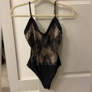 Charlotte Russe Lace Nude Spaghetti Strap Bodysuit